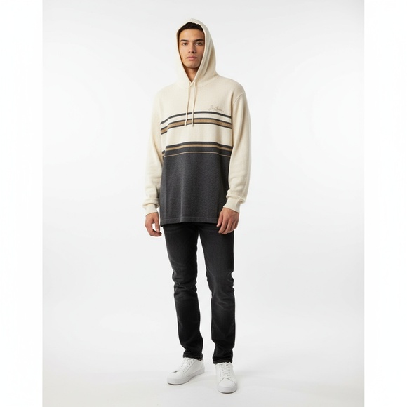 Joe Boxer Mens Striped Knit Hoodie Drawstring Large Cream Multi Y2K - Picture 1 of 6